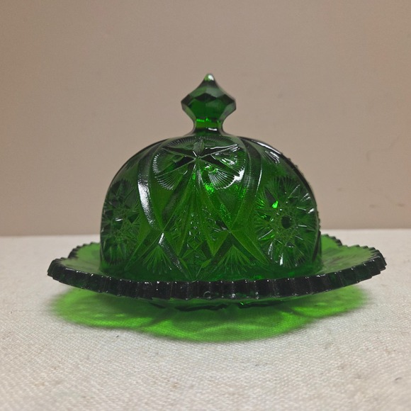 Unbranded Other - Vintage Emerald Green Glass Butter Dish Starburst Sawtooth